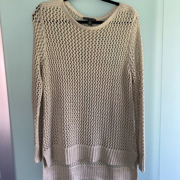 CHICO'S Black Label Sweater Sz 2 Gold Open Mesh Knit Tunic Length Long Sleeve - Picture 1 of 9